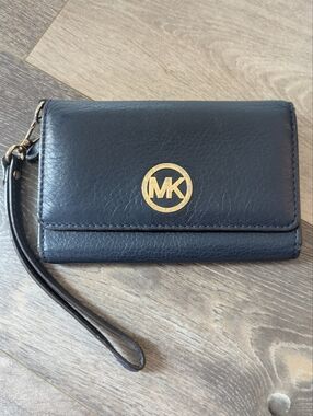 Michael Kors Black Leather Wristlet with Gold Logo